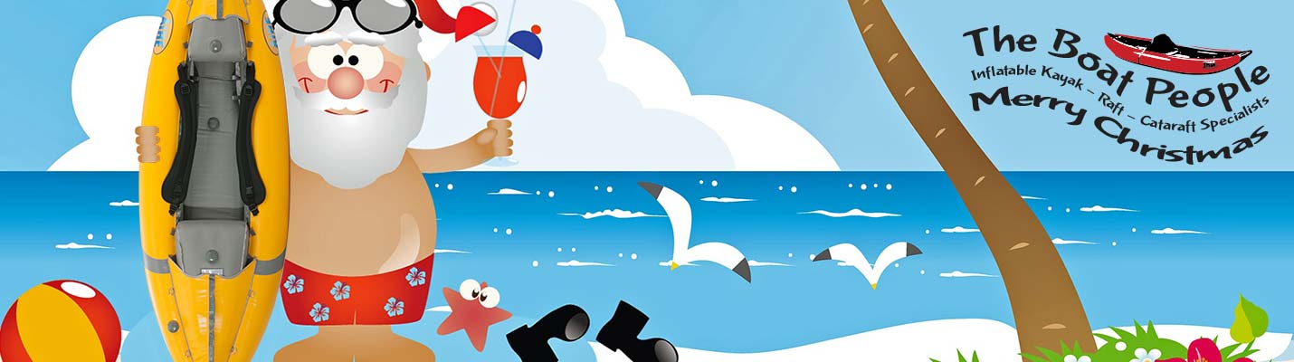 Santa at the beach with inflatable kayak
